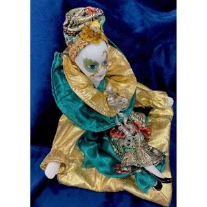 Harlequin  PORCELAIN Figurine ON A PILLOW  7"X 5" Green and Gold Beautiful Item